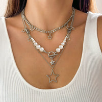 Thumbnail for Boho Layered Star Pendant Pearl Chain Tassel Necklace Set - ArtGalleryZen