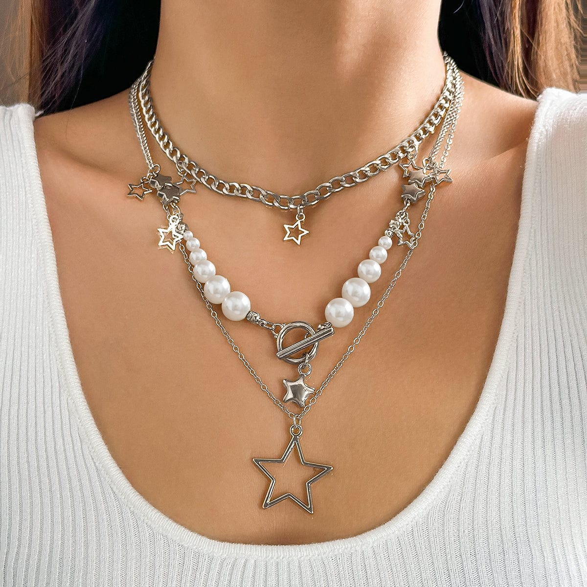 Boho Layered Star Pendant Pearl Chain Tassel Necklace Set - ArtGalleryZen