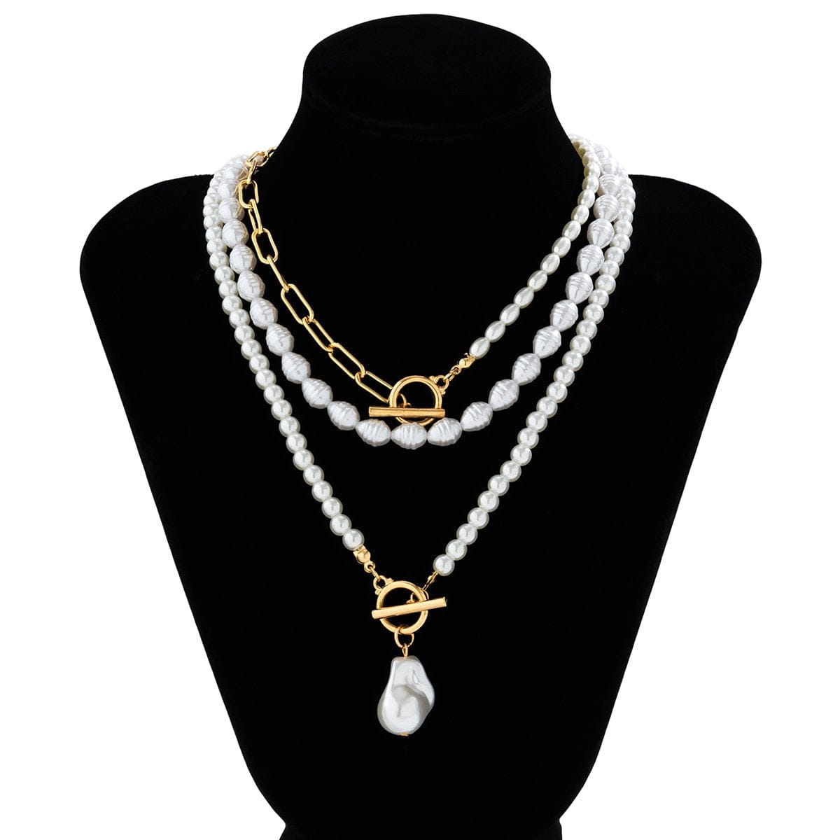 Boho Layered Toggle Clasp Paperclip Pearl Chain Choker Necklace Set - ArtGalleryZen