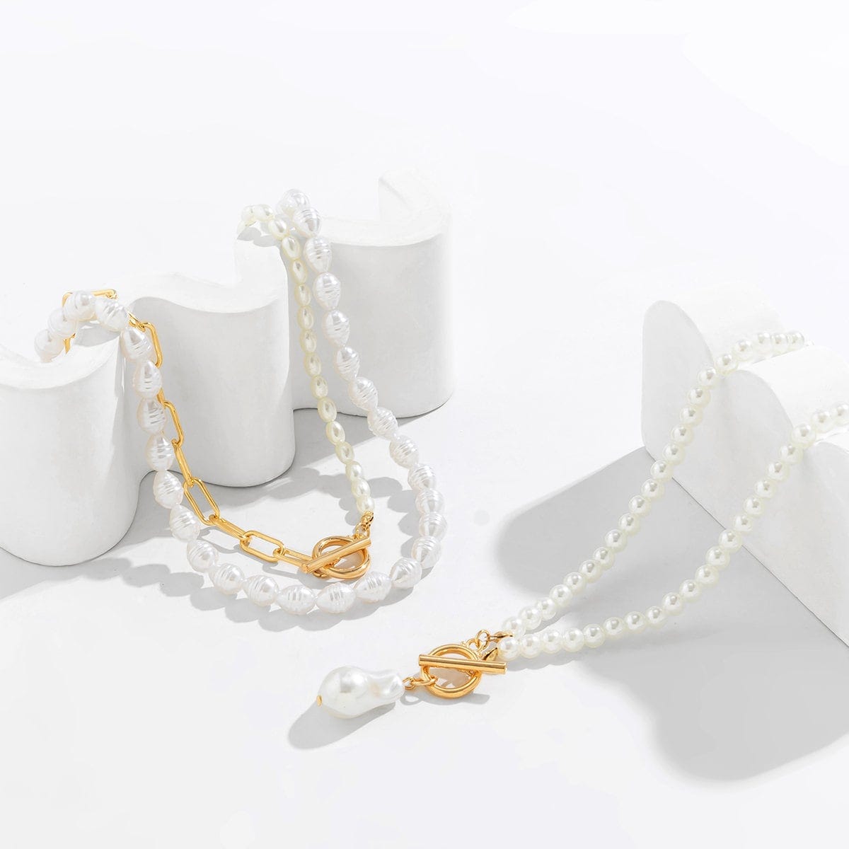 Boho Layered Toggle Clasp Paperclip Pearl Chain Choker Necklace Set - ArtGalleryZen