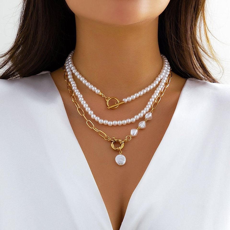 Layered Set Necklace Ring Spring ArtGalleryZen Clasp Choker Pearl – Boho Toggle Chain
