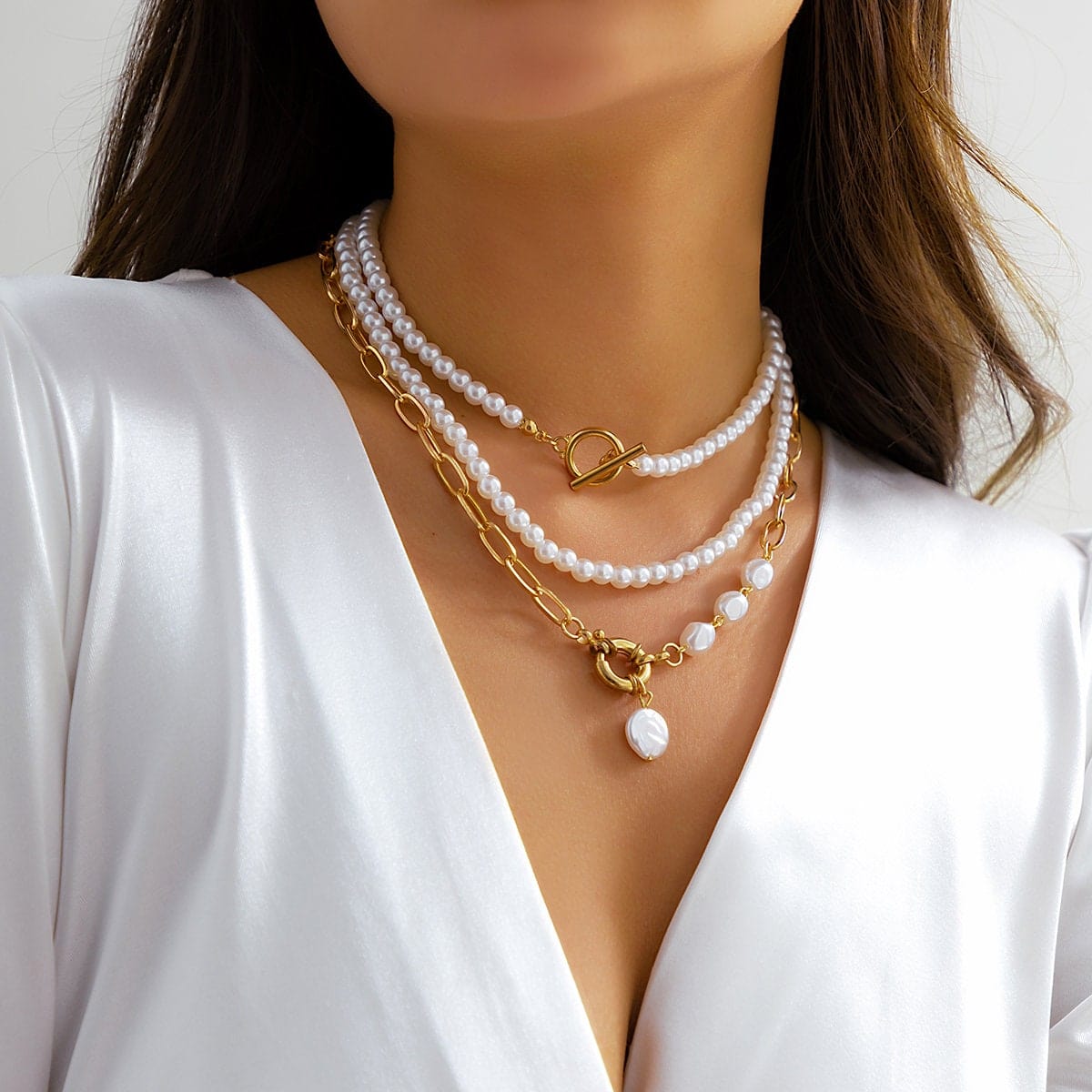 Boho Layered Toggle Clasp Spring Ring Pearl Chain Choker Necklace Set –  ArtGalleryZen
