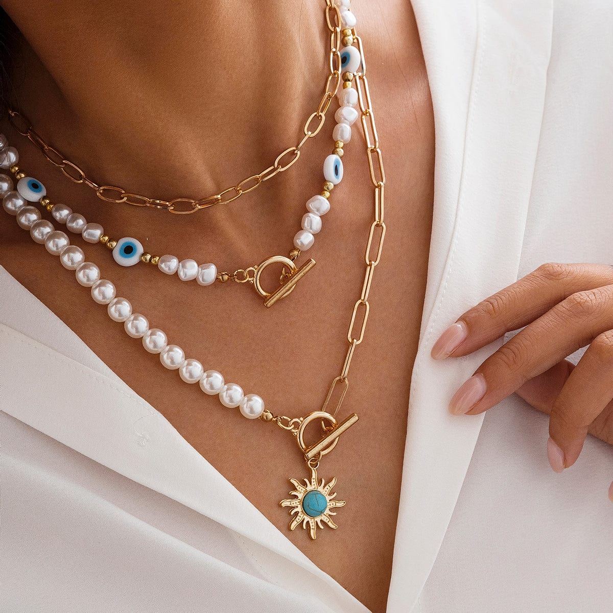 Boho Layered Toggle Clasp Turquoise Sun Pendant Evil Eye Pearl Chain Necklace Set - ArtGalleryZen