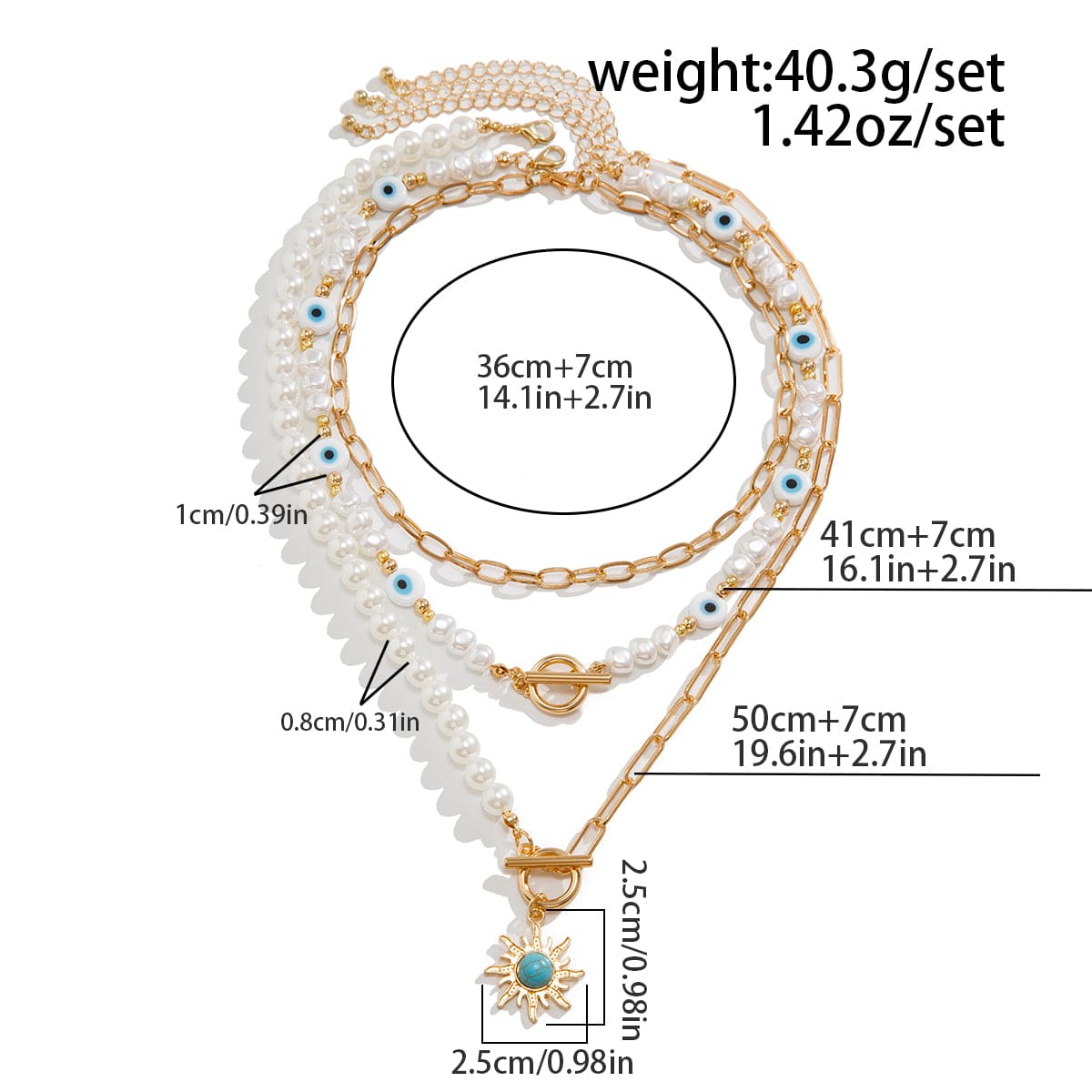 Boho Layered Toggle Clasp Turquoise Sun Pendant Evil Eye Pearl Chain Necklace Set - ArtGalleryZen