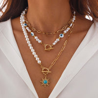 Thumbnail for Boho Layered Toggle Clasp Turquoise Sun Pendant Evil Eye Pearl Chain Necklace Set - ArtGalleryZen