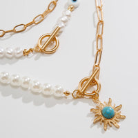 Thumbnail for Boho Layered Toggle Clasp Turquoise Sun Pendant Evil Eye Pearl Chain Necklace Set - ArtGalleryZen