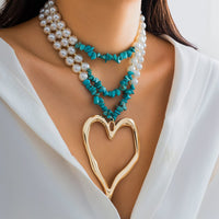 Thumbnail for Boho Layered Turquoise Pearl Chain Heart Pendant Choker Necklace - ArtGalleryZen