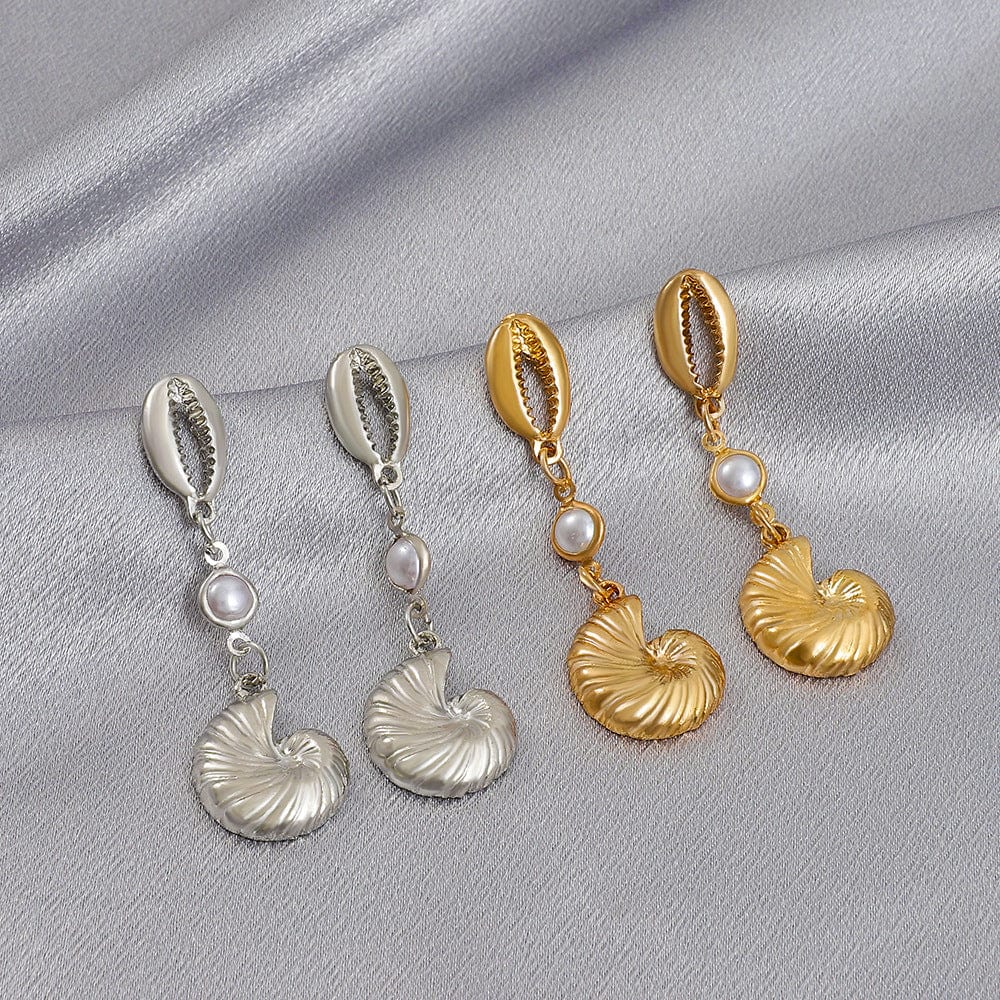Boho Pearl Charm Metallic Conch Shell Earrings - ArtGalleryZen