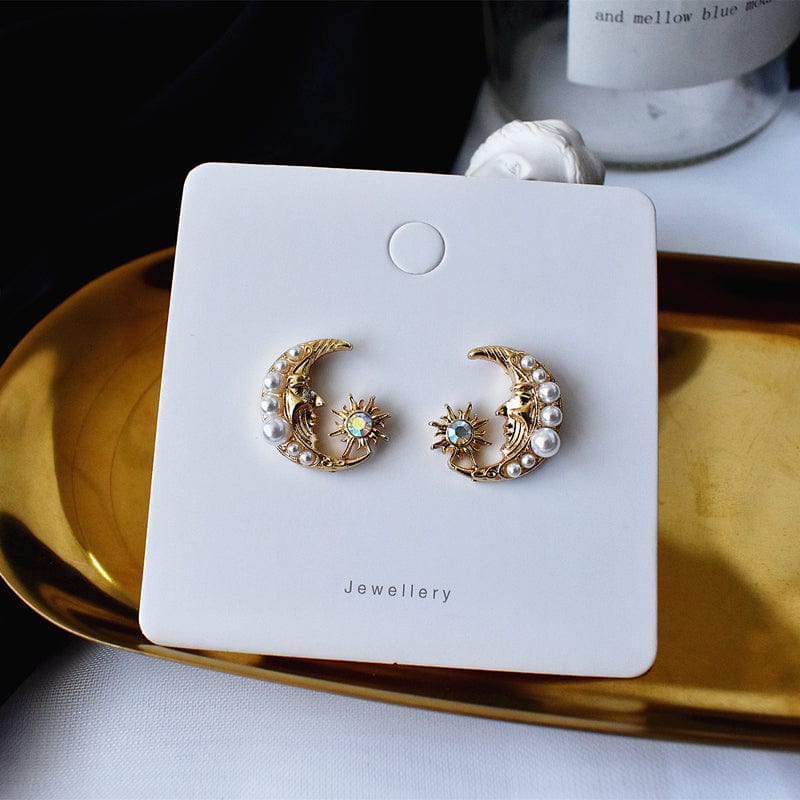 Boho Pearl Inlaid Moon Phase Star Dangle Earrings - ArtGalleryZen