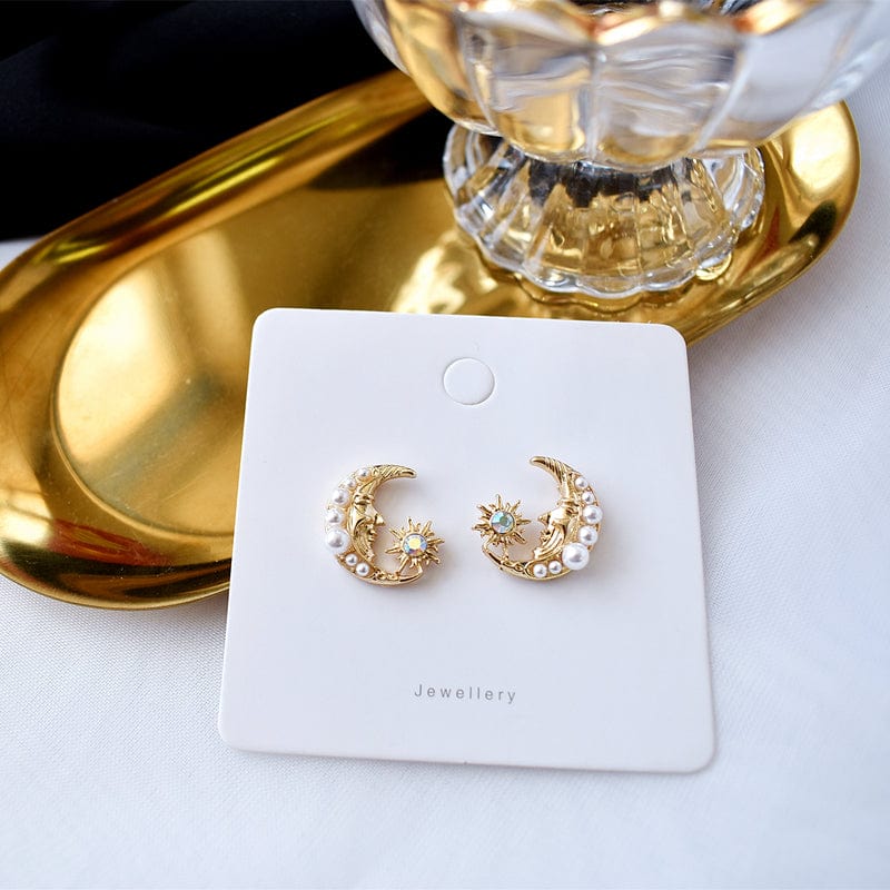 Boho Pearl Inlaid Moon Phase Star Dangle Earrings - ArtGalleryZen