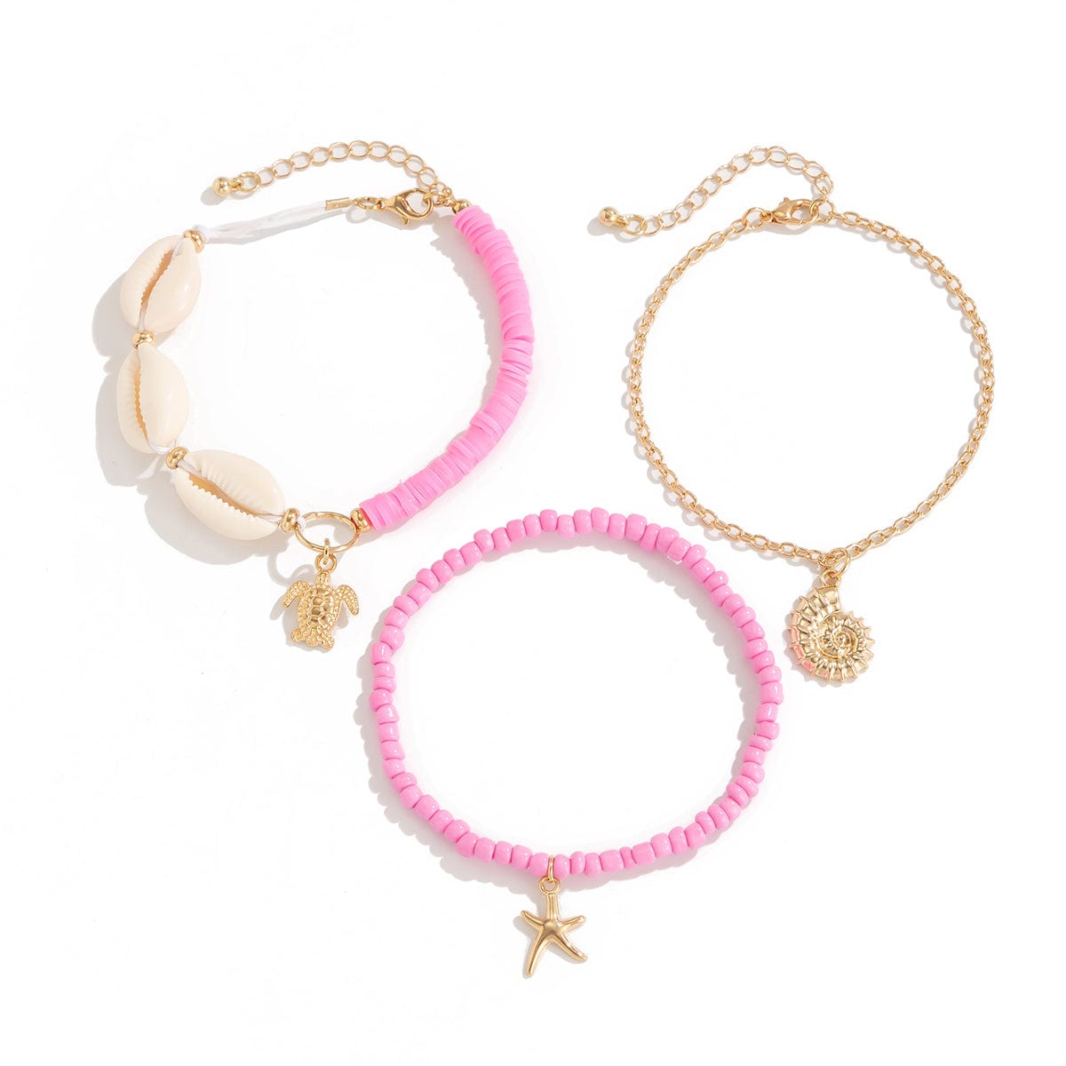 Boho Pink 3Pcs Conch Starfish Turtle Charm Seed Bead Anklet Set - ArtGalleryZen