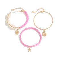 Thumbnail for Boho Pink 3Pcs Conch Starfish Turtle Charm Seed Bead Anklet Set - ArtGalleryZen