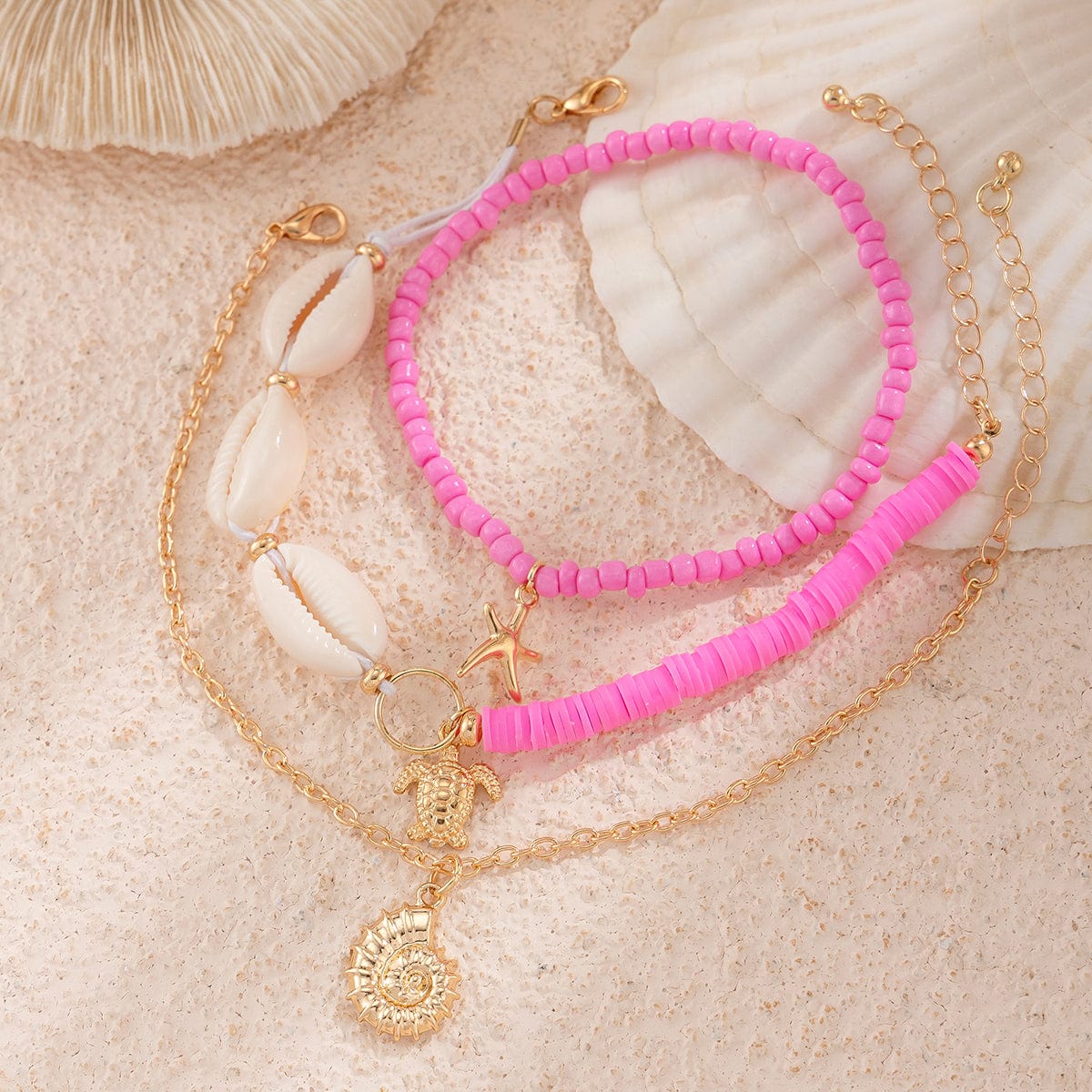 Boho Pink 3Pcs Conch Starfish Turtle Charm Seed Bead Anklet Set - ArtGalleryZen