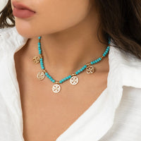 Thumbnail for Boho Round Disk Tassel Beaded Turquoise Stone Choker Necklace - ArtGalleryZen