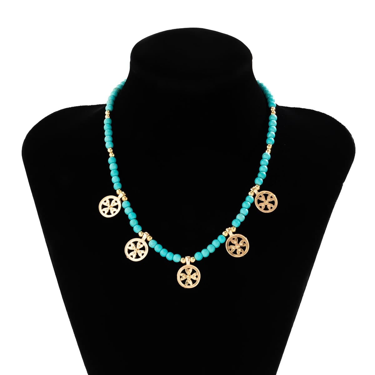 Boho Round Disk Tassel Beaded Turquoise Stone Choker Necklace - ArtGalleryZen