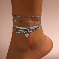 Thumbnail for Boho Silver Plated Heart Pendant Snake Chain Stackable Anklet Set - ArtGalleryZen