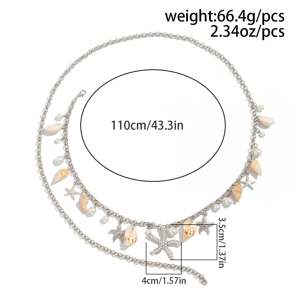 Boho Silver Tone Pearl Conch Starfish Tassel Waist Chain - ArtGalleryZen