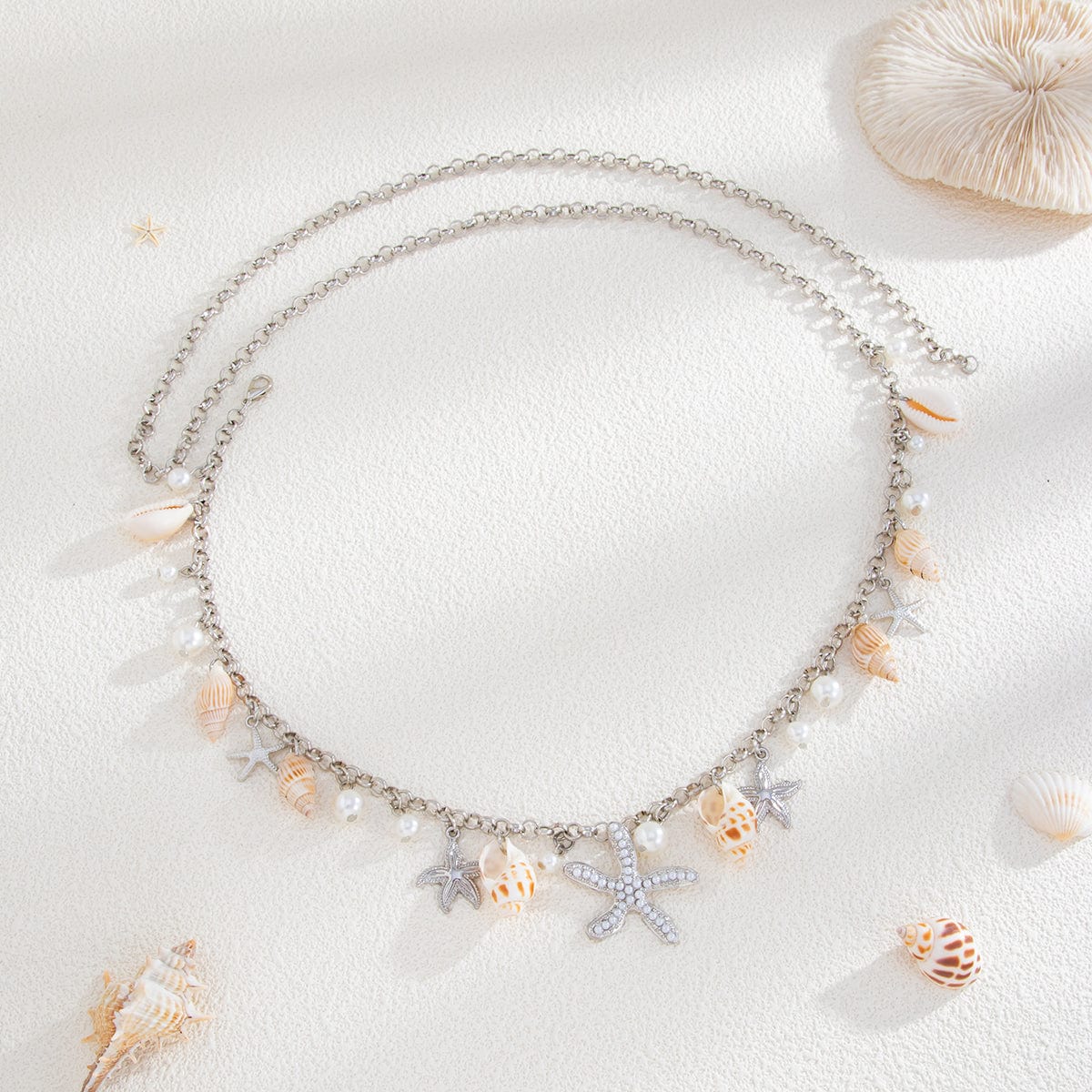 Boho Silver Tone Pearl Conch Starfish Tassel Waist Chain - ArtGalleryZen