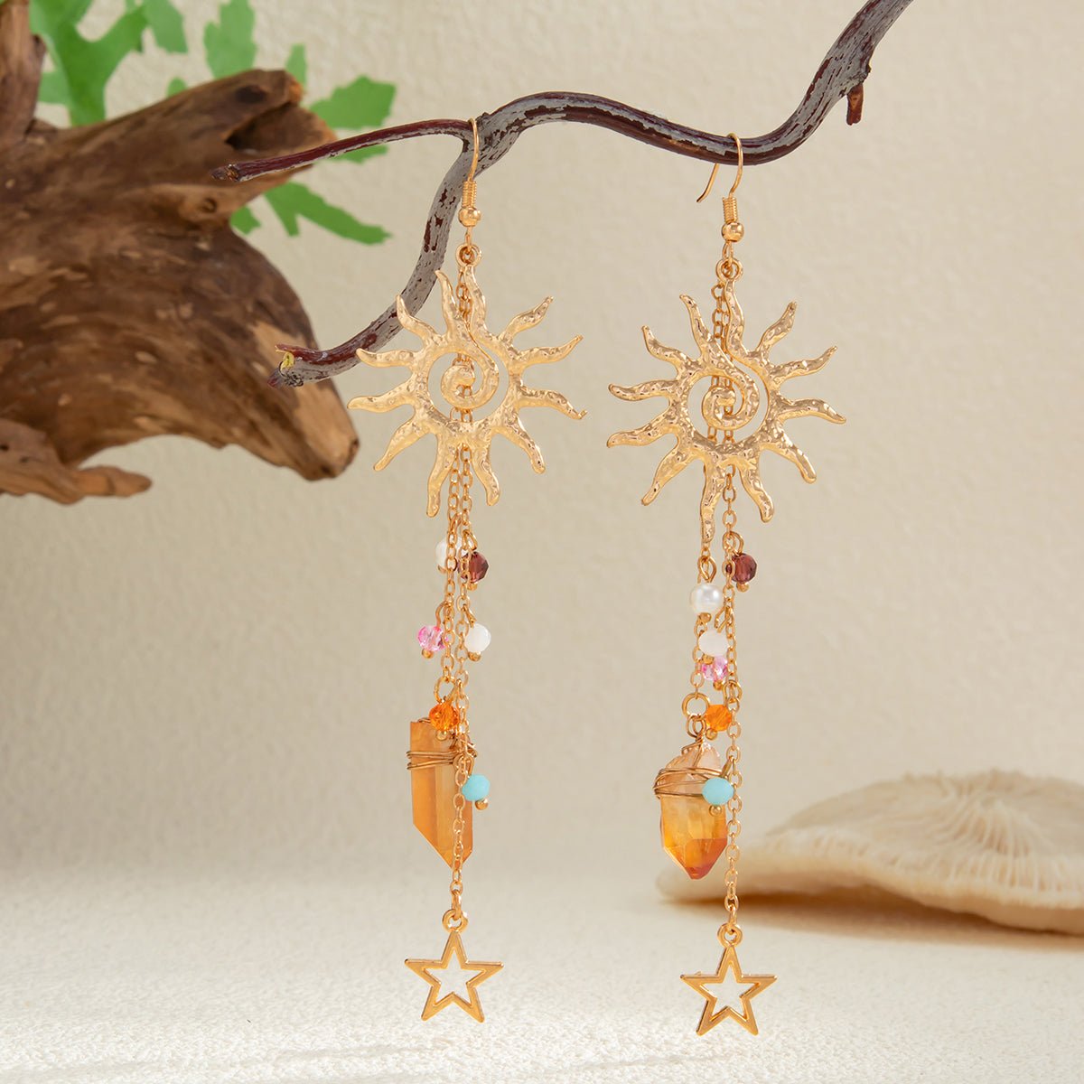 Boho Sun Star Healing Crystal Dangle Earrings - ArtGalleryZen