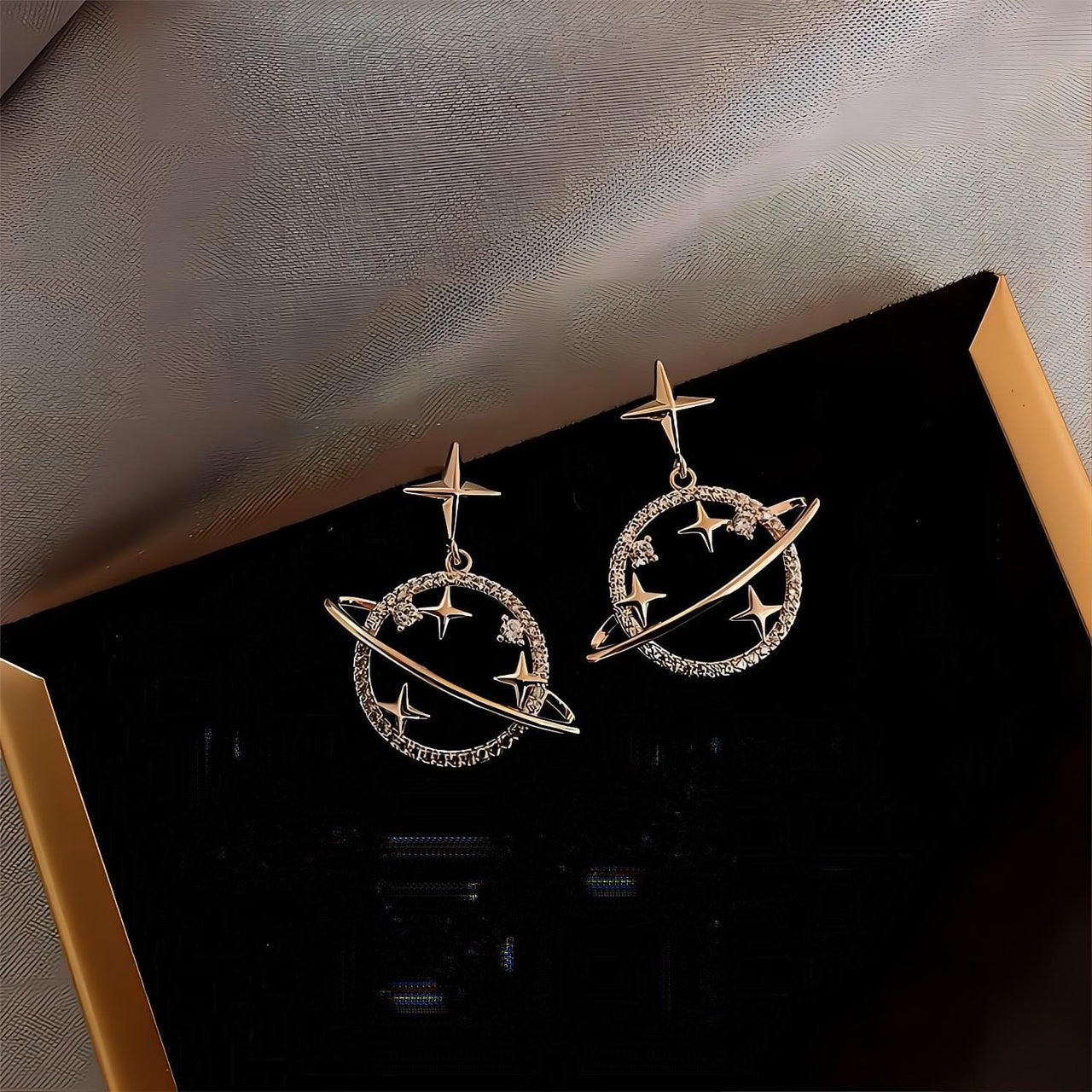Celestial Crystal Saturn Gold Earrings - ArtGalleryZen
