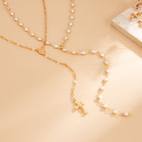 Thumbnail for Charming 2pcs Cross Pendant Pearl Chain Y Necklace Set - ArtGalleryZen
