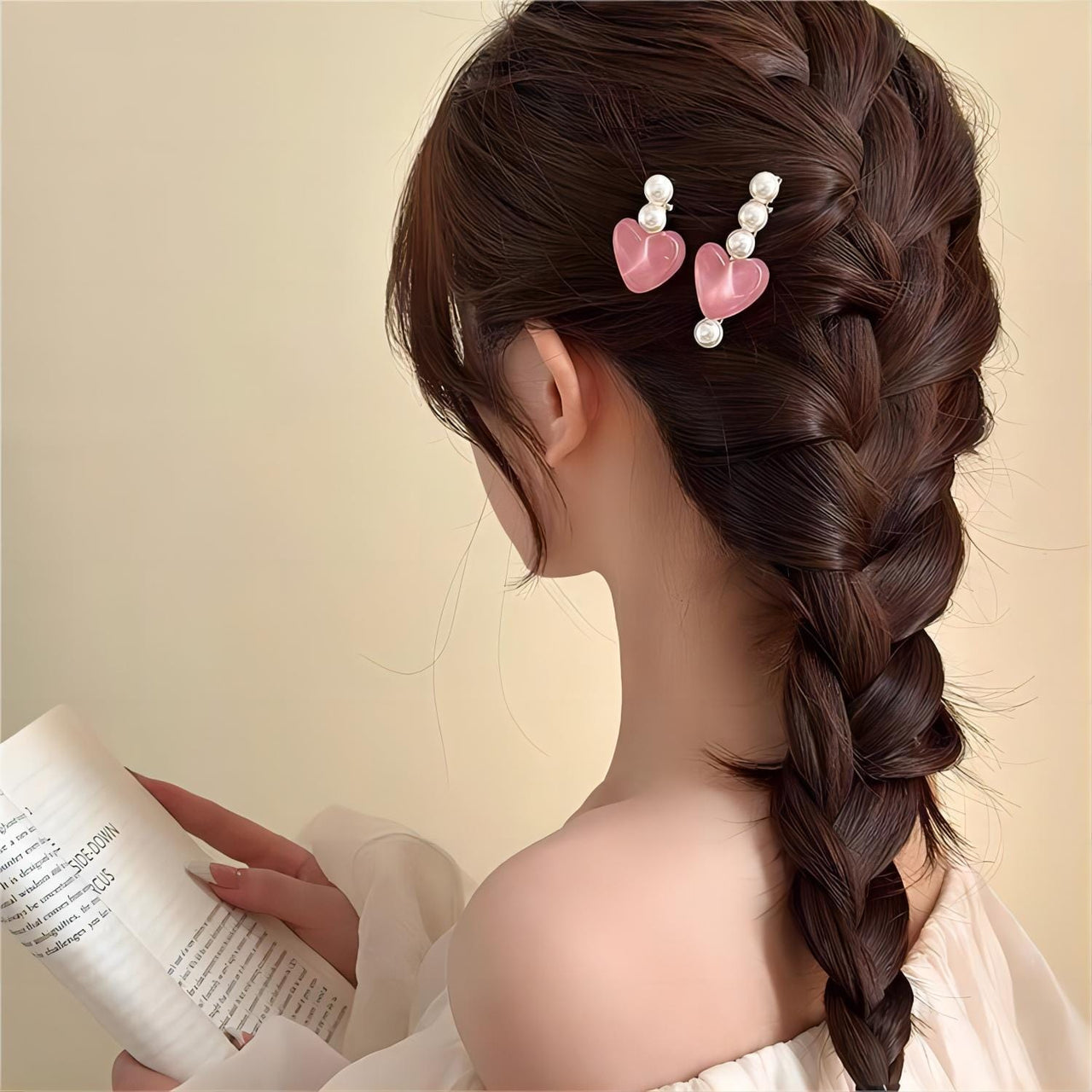 Chic 2 Pieces Crystal Heart Pearl Hair Clips Set - ArtGalleryZen