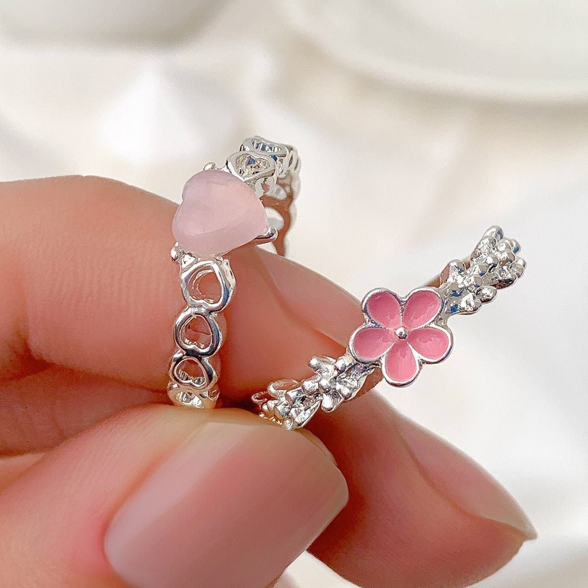 Chic 2 Pieces Enamel Flower Opal Heart Ring Set - ArtGalleryZen