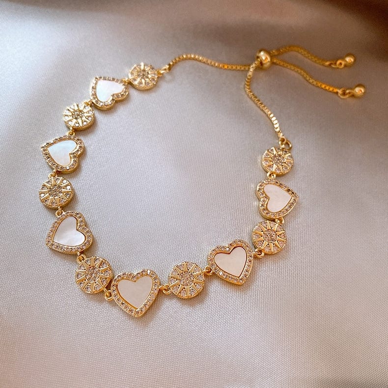 Chic 24k Gold CZ Inlaid Natural Pearl Shell Heart Bracelet - ArtGalleryZen