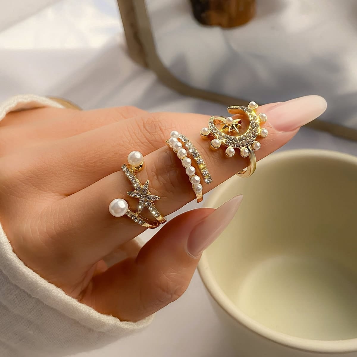 3 Pearl Decor Ring Set, Suitable For Daily Wear And Party, With Simple And  Stylish Design Elements