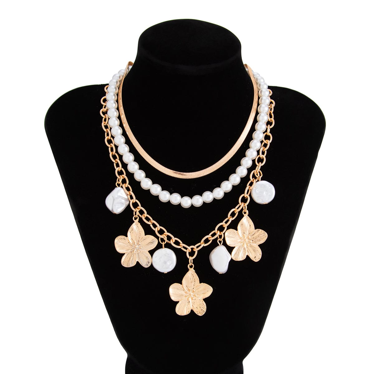 Chic 3pcs Irregular Pearl Flower Tassel Herringbone Chain Necklace Set - ArtGalleryZen