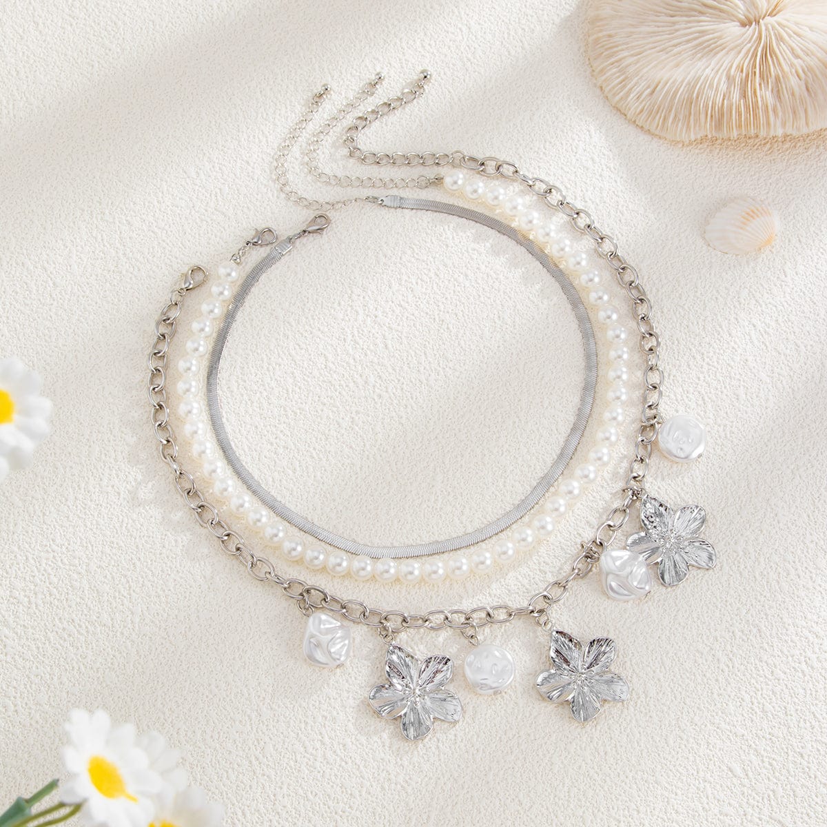 Chic 3pcs Irregular Pearl Flower Tassel Herringbone Chain Necklace Set - ArtGalleryZen