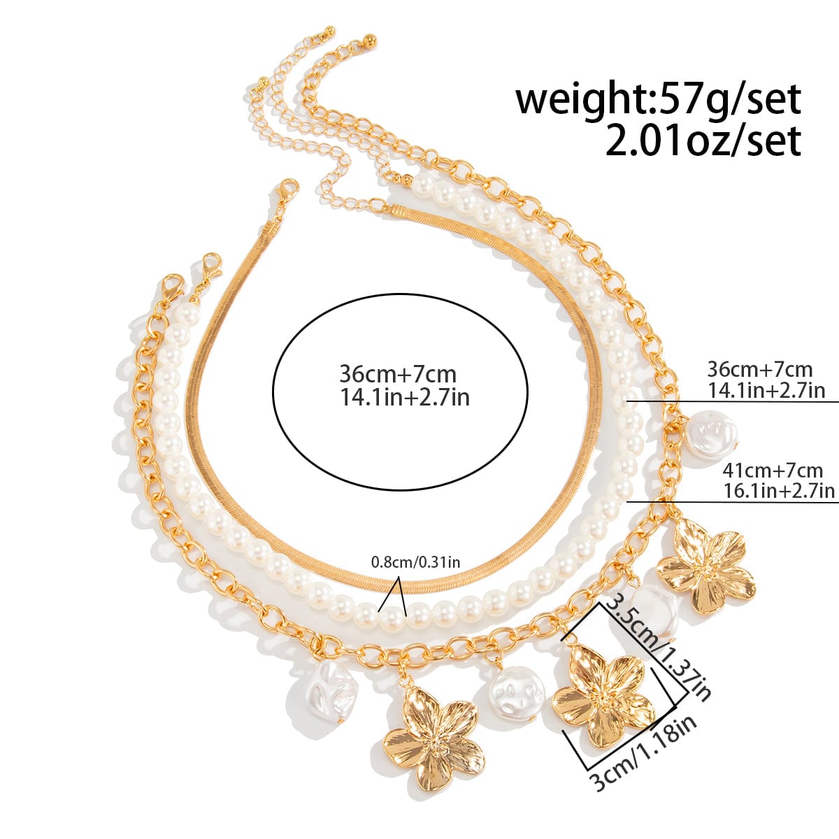 Chic 3pcs Irregular Pearl Flower Tassel Herringbone Chain Necklace Set - ArtGalleryZen