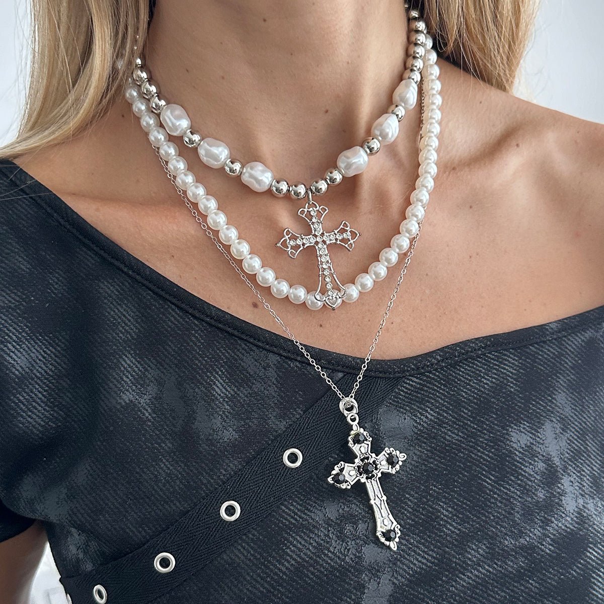Chic 3pcs Rhinestone Inlaid Hollow Cross Pendant Pearl Chain Necklace Set - ArtGalleryZen