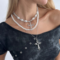 Thumbnail for Chic 3pcs Rhinestone Inlaid Hollow Cross Pendant Pearl Chain Necklace Set - ArtGalleryZen