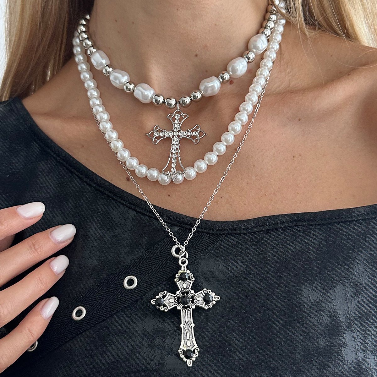 Chic 3pcs Rhinestone Inlaid Hollow Cross Pendant Pearl Chain Necklace Set - ArtGalleryZen