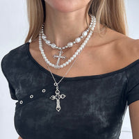 Thumbnail for Chic 3pcs Rhinestone Inlaid Hollow Cross Pendant Pearl Chain Necklace Set - ArtGalleryZen