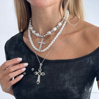 Thumbnail for Chic 3pcs Rhinestone Inlaid Hollow Cross Pendant Pearl Chain Necklace Set - ArtGalleryZen