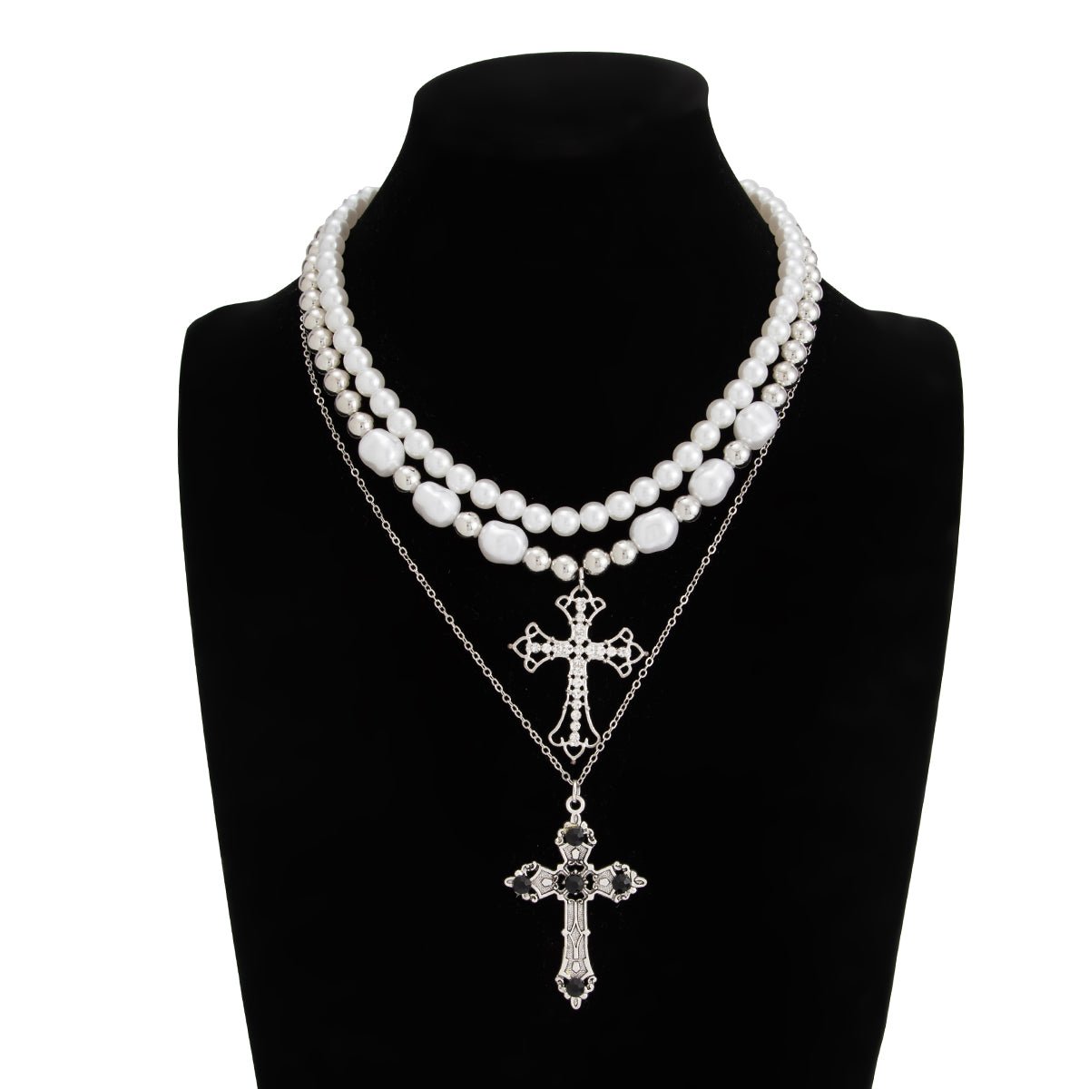 Chic 3pcs Rhinestone Inlaid Hollow Cross Pendant Pearl Chain Necklace Set - ArtGalleryZen