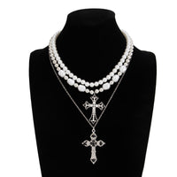 Thumbnail for Chic 3pcs Rhinestone Inlaid Hollow Cross Pendant Pearl Chain Necklace Set - ArtGalleryZen