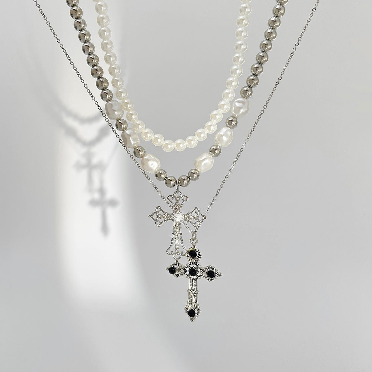 Chic 3pcs Rhinestone Inlaid Hollow Cross Pendant Pearl Chain Necklace Set - ArtGalleryZen