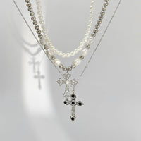 Thumbnail for Chic 3pcs Rhinestone Inlaid Hollow Cross Pendant Pearl Chain Necklace Set - ArtGalleryZen