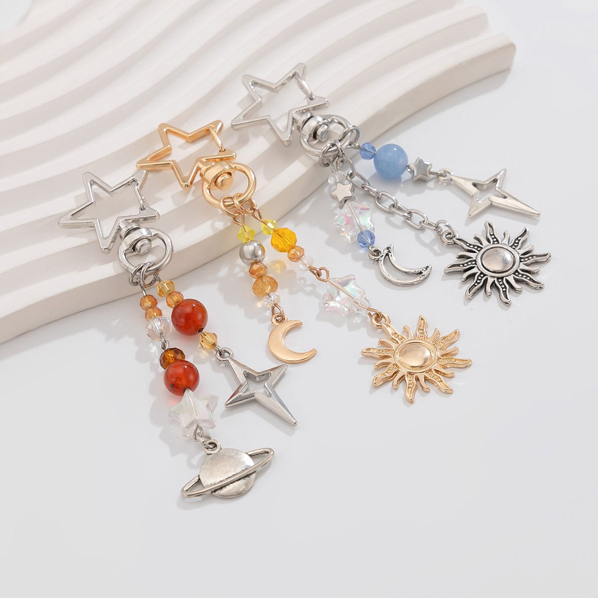 Chic 3Pcs Star Sun Moon Celestial Crystal Keychain Set - ArtGalleryZen