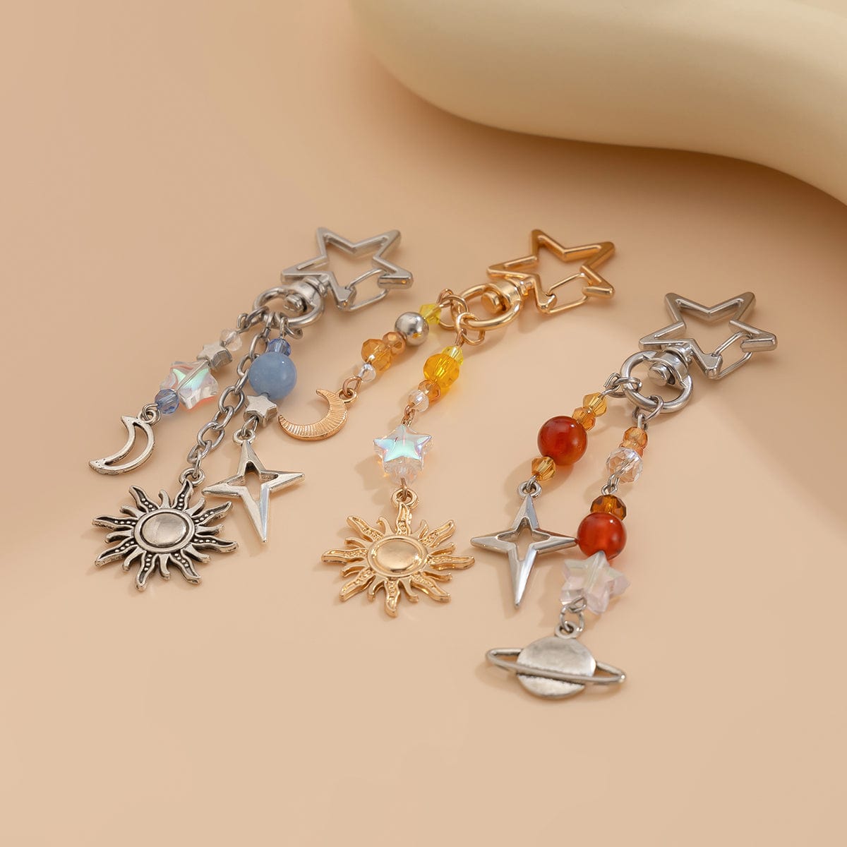 Chic 3Pcs Star Sun Moon Celestial Crystal Keychain Set - ArtGalleryZen