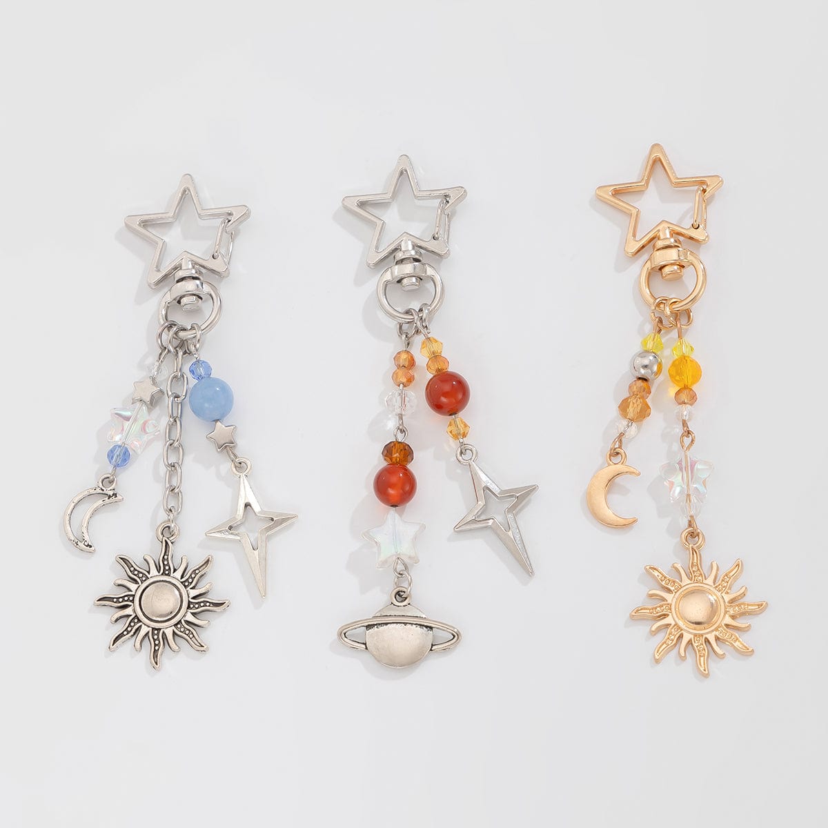 Chic 3Pcs Star Sun Moon Celestial Crystal Keychain Set - ArtGalleryZen