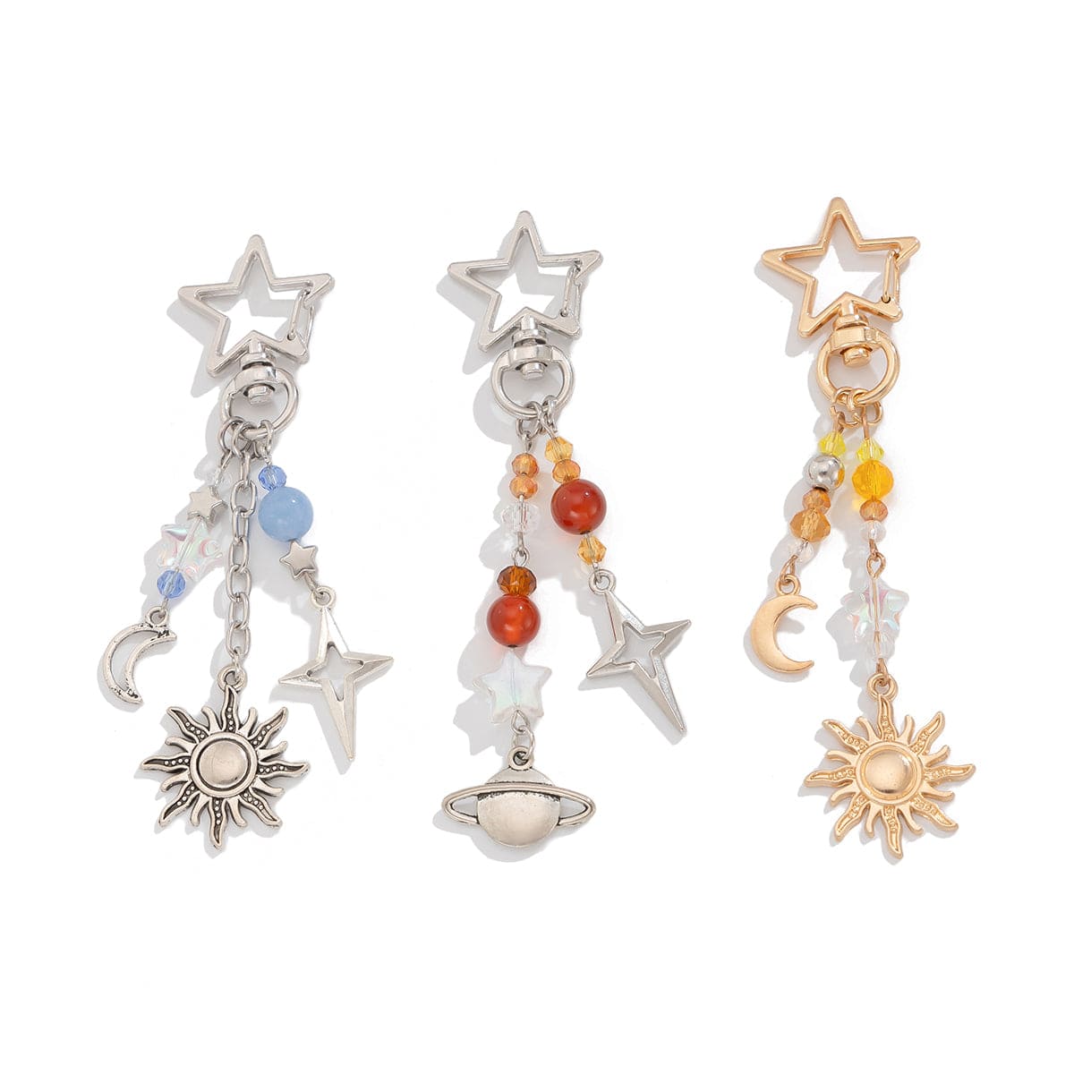 Chic 3Pcs Star Sun Moon Celestial Crystal Keychain Set - ArtGalleryZen