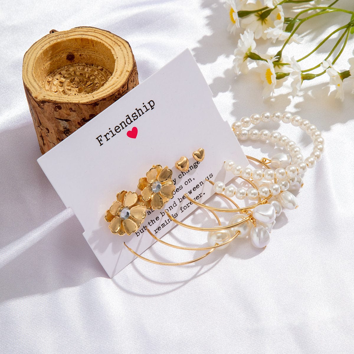 Chic 5 Pairs Floral Heart Pearl Stud Hoop Earrings Set - ArtGalleryZen