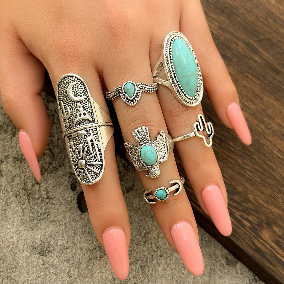 Chic 6 Pieces Antique Silver Embossed Pattern Turquoise Ring Set - ArtGalleryZen