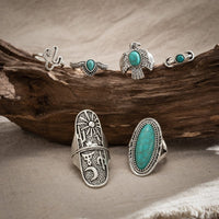 Thumbnail for Chic 6 Pieces Antique Silver Embossed Pattern Turquoise Ring Set - ArtGalleryZen