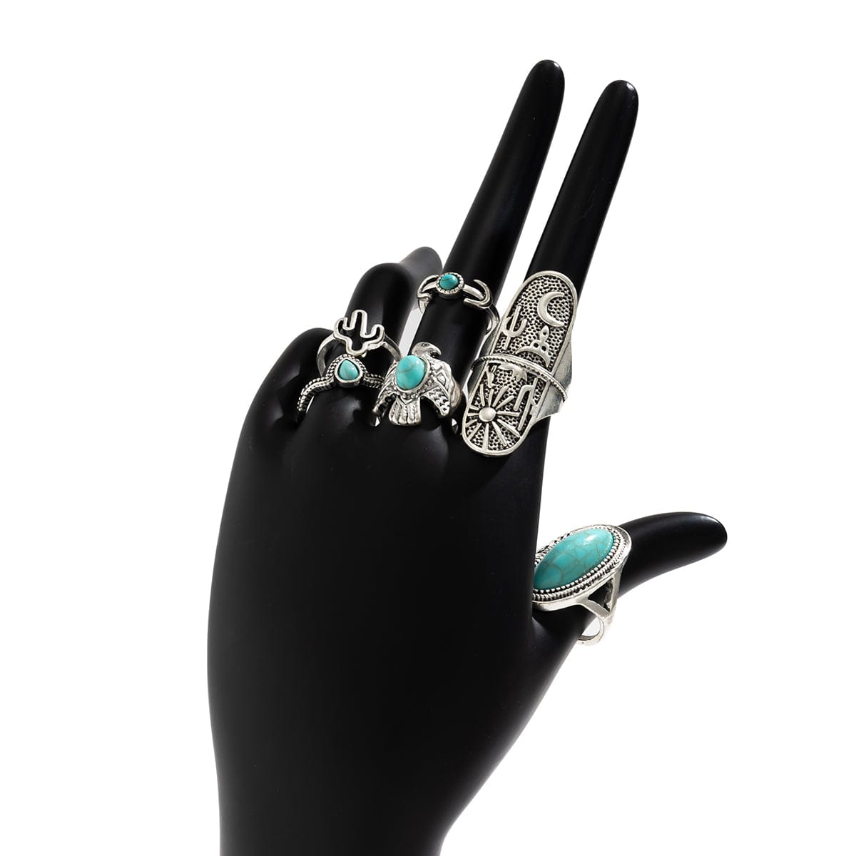 Chic 6 Pieces Antique Silver Embossed Pattern Turquoise Ring Set - ArtGalleryZen