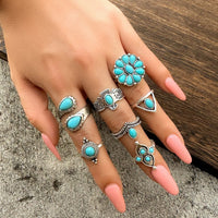 Thumbnail for Chic 7 Pieces Antique Silver Embossed Pattern Turquoise Ring Set - ArtGalleryZen